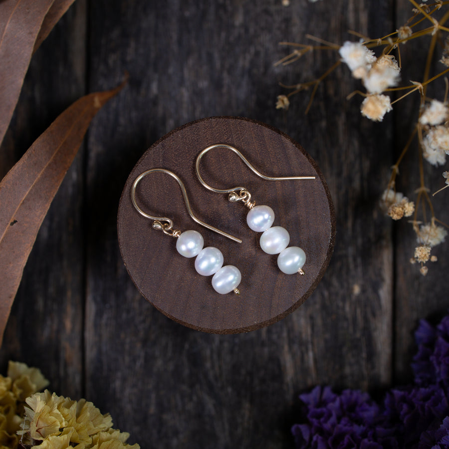 9ct gold triple pearl earrings